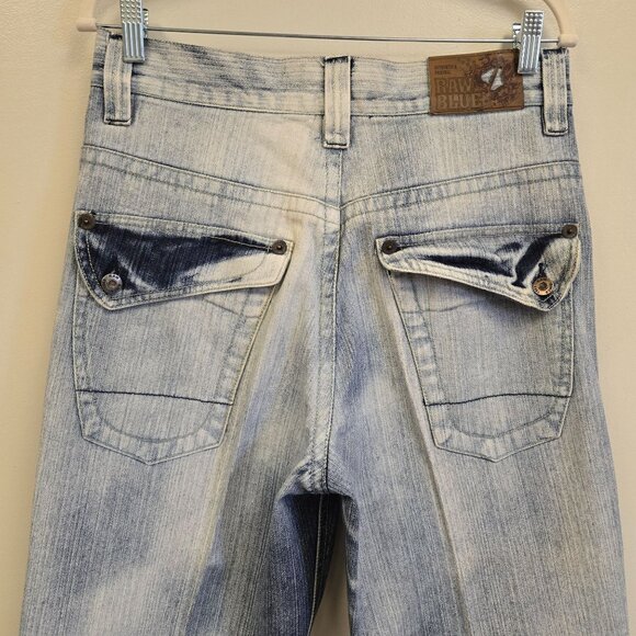 Raw Blue Y2K 2000s Men's 32x32 Denim Jeans Distressed Bleach Wash Flap Pockets - Picture 7 of 12